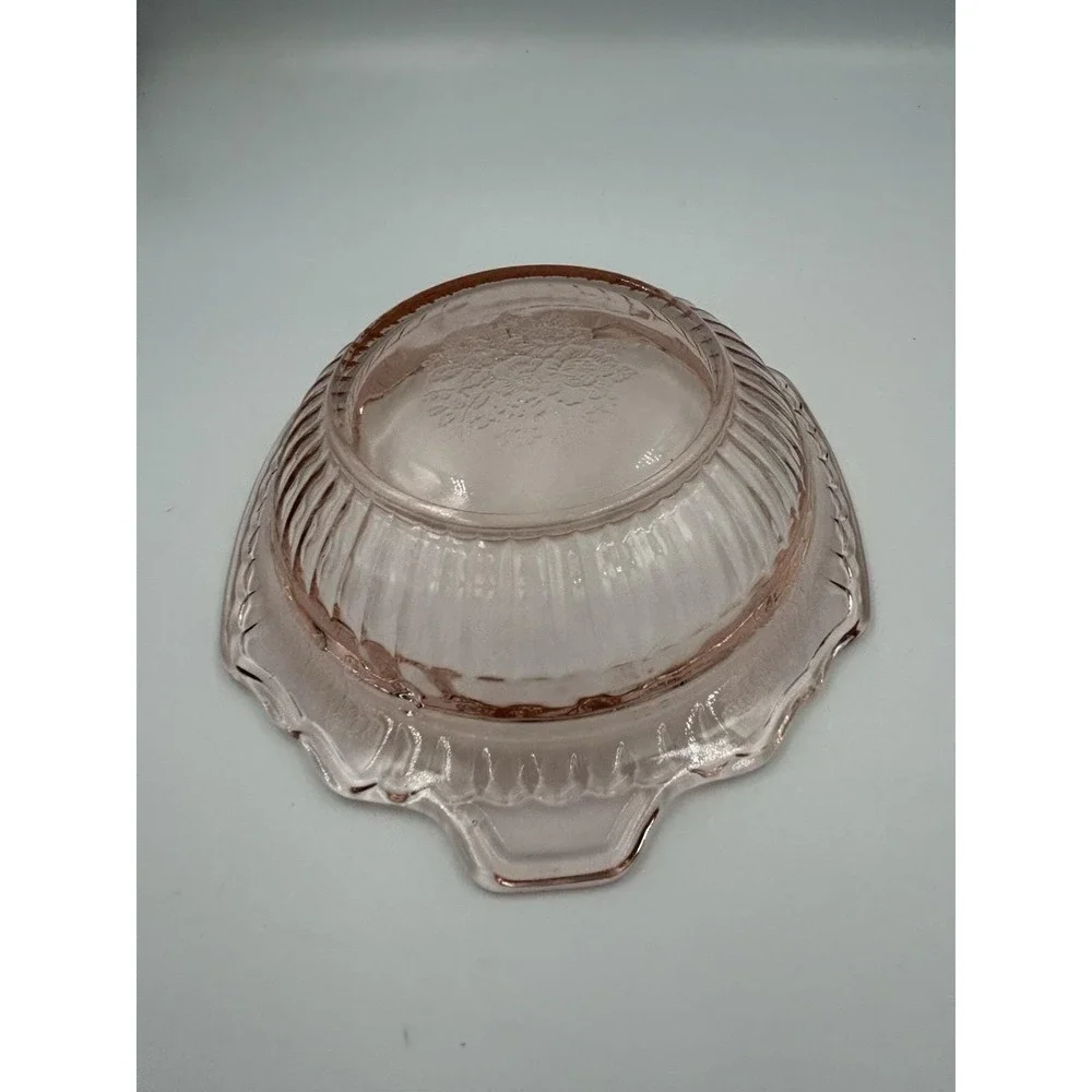 Pink Glass Floral Round Serving Bowl w/ Handles Scalloped Rim 8.5 in